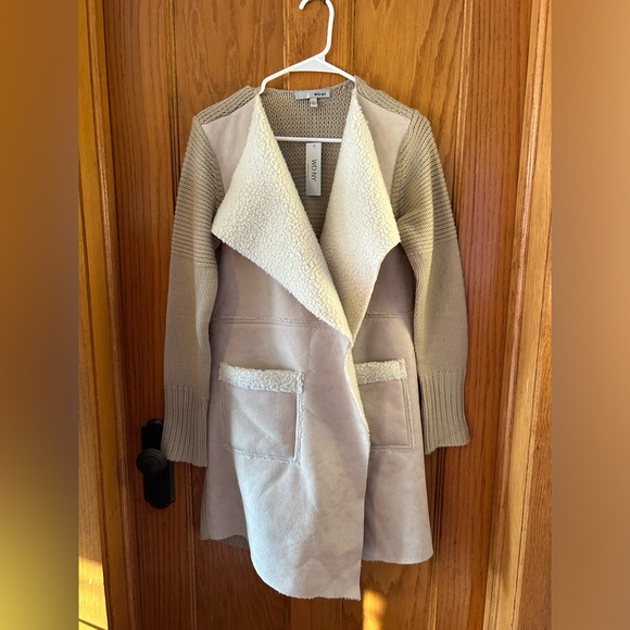 WD NY Faux Leather / Sherpa Open Front Cardigan / Duster Size L NWT - Picture 1 of 6